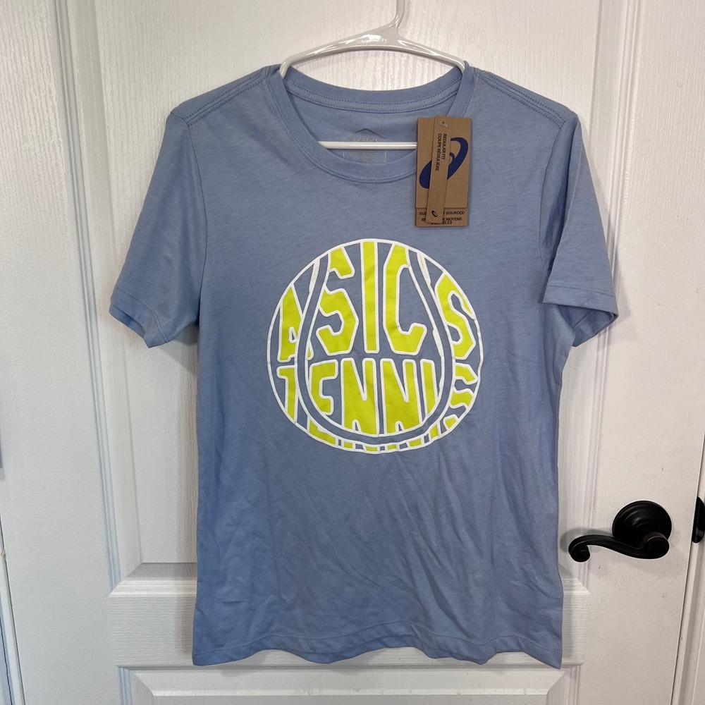 Asics New Strong 92 Graphic‎ Tennis T-Shirt Blue Neon Yellow 2042A197 Mens Small